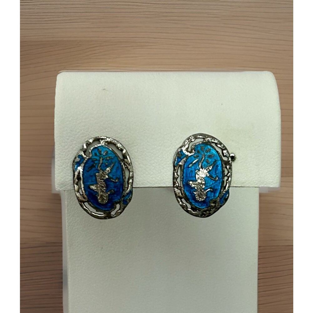 Vintage Siam Niello Sterling/ Enamel Clip On Earrings